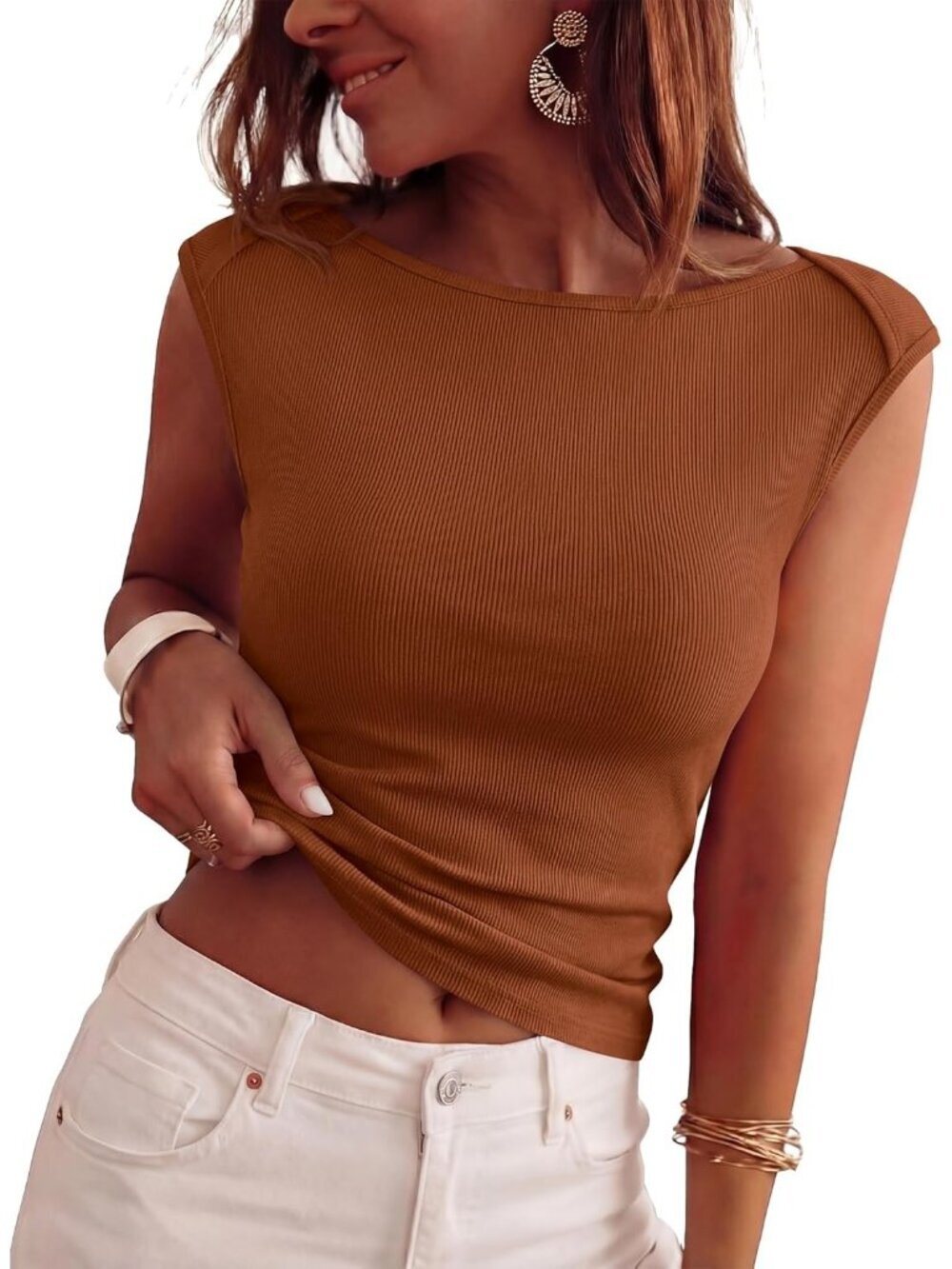 Women's Caramel Ribbed Boat Neck Tank Top Fitted Cap Sleeve